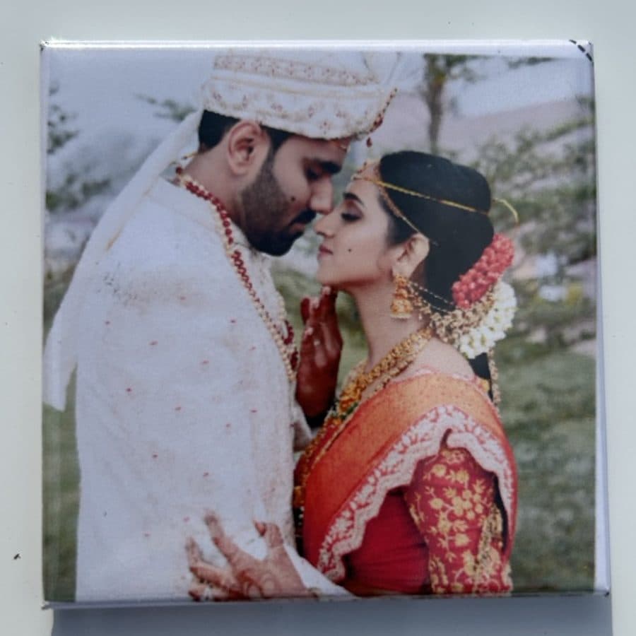 Finished 2-inch photo magnet of a wedding couple